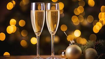 Festive two glasses of champagne on a blurred bokeh background. . photo