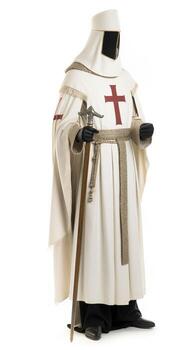 Medieval warrior templar in knight armor. White background, isolate. . photo