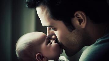 Father Day. Close-up baby next to dad, wallpaper background. . photo