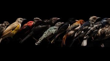 Various types of birds sit in a row on a branch, black background, isolate. . photo