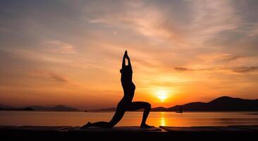 internacional día de yoga, ilustración de mujer en montaña parte superior Dom antecedentes. ai generado. foto