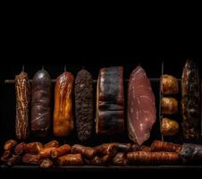 Smoked fresh meat, different varieties in a row. Black background isolate. . photo