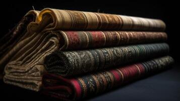 Samples of various colored fabrics in a row, black background. . photo