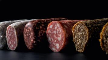 Various salami, sausage in a row, black background. Assorted meat products, menu. . photo