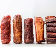 Smoked fresh meat, different varieties in a row. White background isolate. . photo