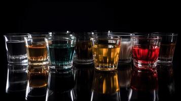 Glasses with different alcohol in a row, dark background. . photo