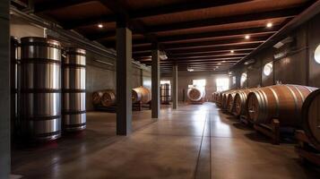 Winery basement with wooden barrels and racks of old wine bottles. . photo