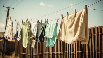 Various clean colored things dry on a clothesline against the background of the street. . photo