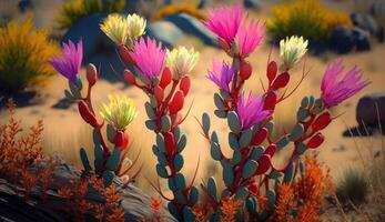 Background of desert fresh beautiful different kind of colored flowers. . photo