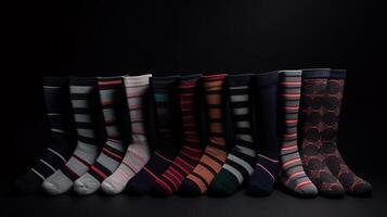 Collection of different patterns of color socks in a row, black background. . photo