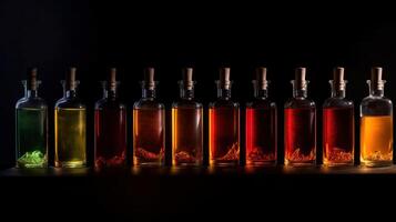 Bottles with different alcohol in a row, black background. . photo