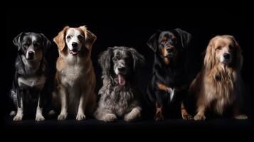 Various types of fluffy dogs sit in a row, black background, isolate. . photo