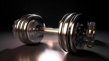 Sports equipment chrome dumbbell, dark background. . photo