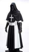 Medieval warrior templar in knight armor. White background, isolate. . photo