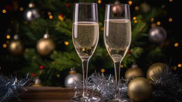 Festive two glasses of champagne on a blurred bokeh background. . photo