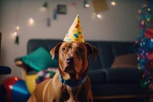 Dog in a party cap on a birthday on a holiday. Decorated room. . photo