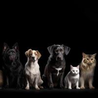 Various types of pets are sitting in a row, black background, isolate. . photo