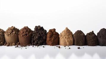 Samples of ecological farm fertile soil, land in a row. . photo