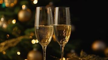 Festive two glasses of champagne on a blurred bokeh background. . photo
