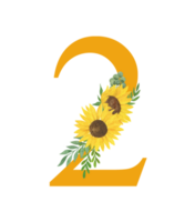 Number two decorated with sunflowers and leaves, floral monogram watercolor illustration in simple hand painted style, summer flowers decorative lettering collection png