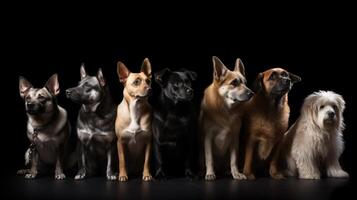 Various types of fluffy dogs sit in a row, black background, isolate. . photo