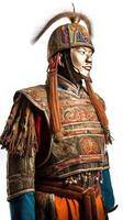 Medieval ancient Mongolian warrior in armor. White background, isolate. . photo