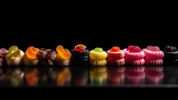 Collection of various sweet candies in a row, black background, isolate. . photo