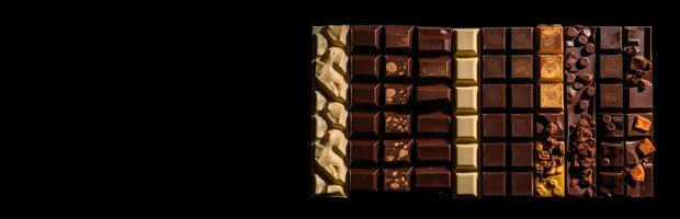 Various types of dark, milk chocolate with nuts, raisins in a row, black background. . photo