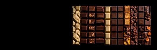 Various types of dark, milk chocolate with nuts, raisins in a row, black background. . photo