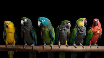 Various types of parrots are sitting in a row on a branch, black background, isolate. . photo