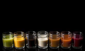 Various sauces, marinades and dressings in small bowls in a row, dark background. . photo