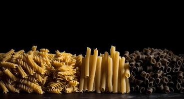 Various groups of raw colored flour wheat pasta in a row, black background isolate. . photo