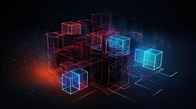 Artificial intelligence, composition of neon brain cubes on a dark background, isolate. . photo