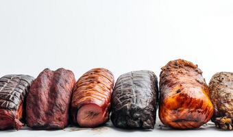 Smoked fresh meat, different varieties in a row. White background isolate. . photo