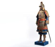 Medieval ancient Mongolian warrior in armor. White background, isolate. . photo