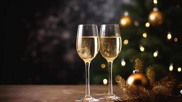 Festive two glasses of champagne on a blurred bokeh background. . photo