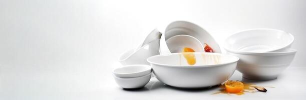 Dirty unwashed dishes with leftover food. Clutter concept. White background, isolate. . photo