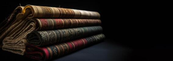 Samples of various colored fabrics in a row, black background. . photo