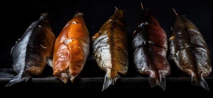 varios ahumado pescado en un fila, negro antecedentes. Mariscos surtido, menú. ai generado. foto