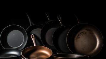 Various non-stick frying pans with handles in a row, chrome-plated, dark background. . photo