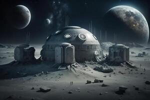 Illustration of space base on moon for astronauts on background of planet. . photo