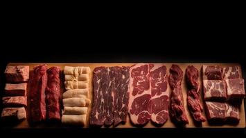 Set of different types of raw meat. Top view on the table. Black background. . photo