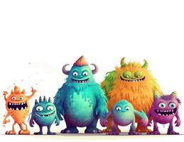 Various sizes, colors scary terrible toy monsters in a row, white background isolate. . photo