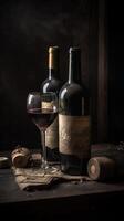 Retro vintage wine bottle with glasses, dark background. . photo