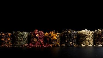 Types of tea in a cup and leaves, healing tonic drink, black background isolate. . photo