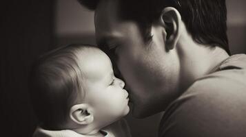 Father Day. Close-up baby next to dad, wallpaper background. . photo