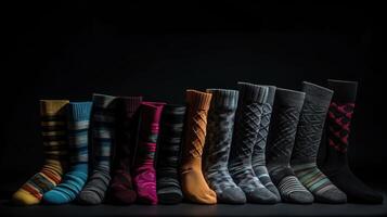 colección de diferente patrones de color calcetines en un fila, negro antecedentes. ai generado. foto