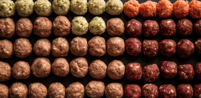 Various raw meat fresh meatballs in a row, culinary ingredient, black background isolate. . photo