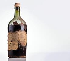 Vintage retro old wine bottle with glasses, white background isolate. . photo