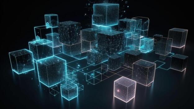 Artificial intelligence, composition of neon brain cubes on a dark background, isolate. . photo